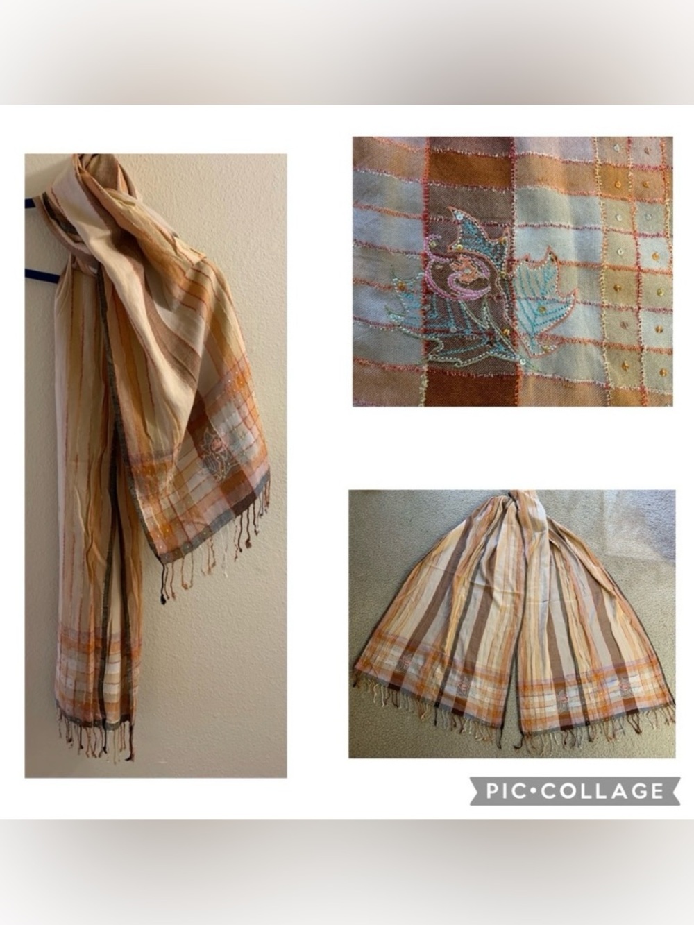 Autumn Leaves Shawl Wrap Table Runner-Orange Brown Sequins Fall Thanksgiving